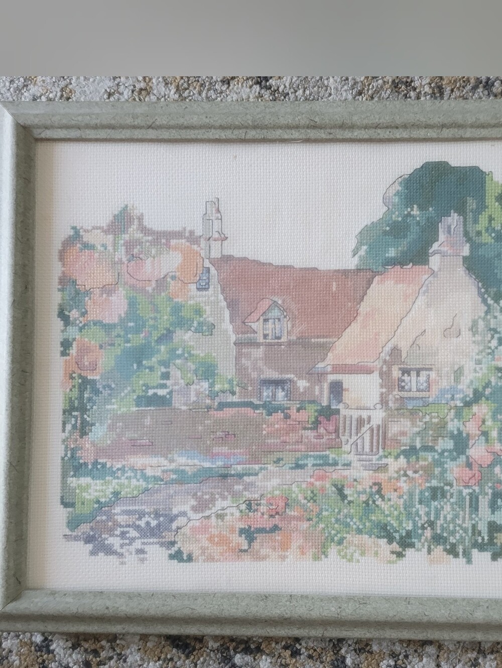 Vintage Framed Cross Stitch Art - Dawna Barton "Garden House" English Cottage